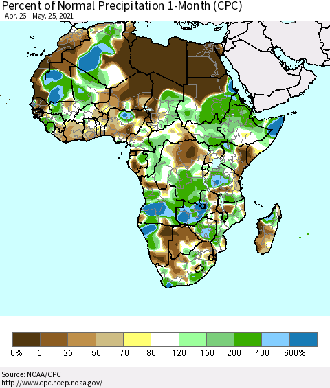 Africa Percent of Normal Precipitation 1-Month (CPC) Thematic Map For 4/26/2021 - 5/25/2021