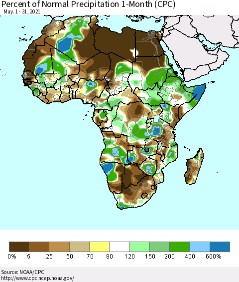 Africa Percent of Normal Precipitation 1-Month (CPC) Thematic Map For 5/1/2021 - 5/31/2021