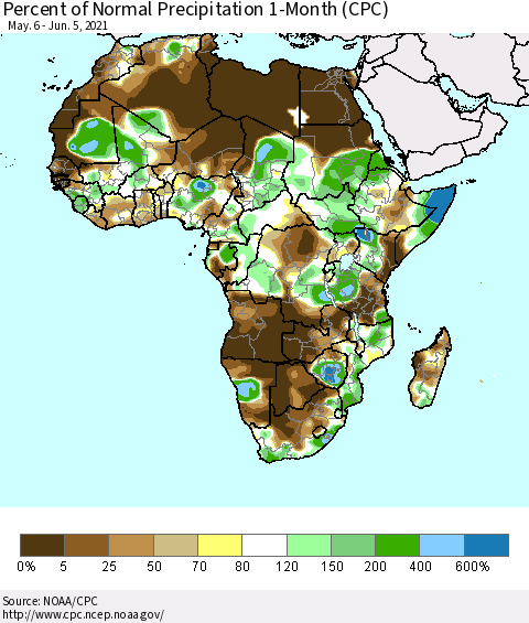 Africa Percent of Normal Precipitation 1-Month (CPC) Thematic Map For 5/6/2021 - 6/5/2021