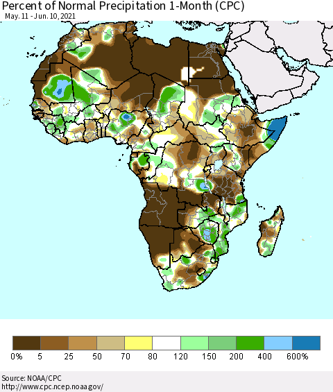 Africa Percent of Normal Precipitation 1-Month (CPC) Thematic Map For 5/11/2021 - 6/10/2021