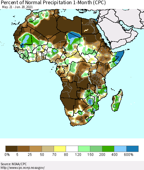 Africa Percent of Normal Precipitation 1-Month (CPC) Thematic Map For 5/21/2021 - 6/20/2021