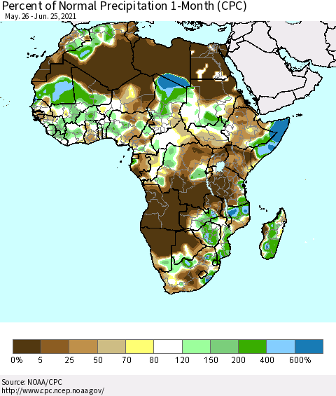 Africa Percent of Normal Precipitation 1-Month (CPC) Thematic Map For 5/26/2021 - 6/25/2021