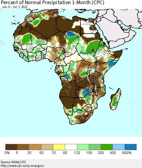 Africa Percent of Normal Precipitation 1-Month (CPC) Thematic Map For 6/6/2021 - 7/5/2021