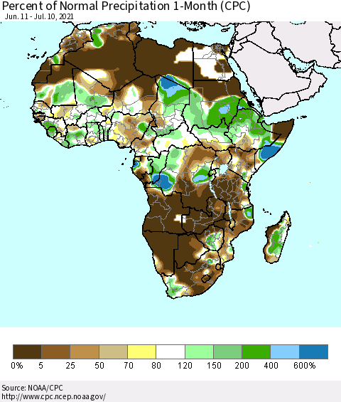 Africa Percent of Normal Precipitation 1-Month (CPC) Thematic Map For 6/11/2021 - 7/10/2021