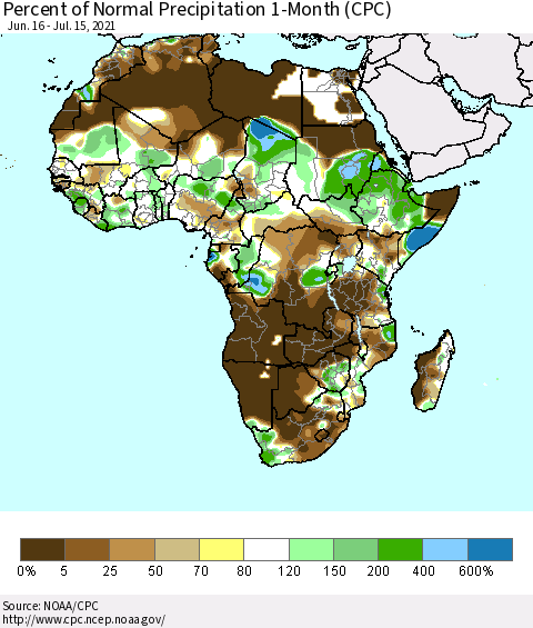 Africa Percent of Normal Precipitation 1-Month (CPC) Thematic Map For 6/16/2021 - 7/15/2021