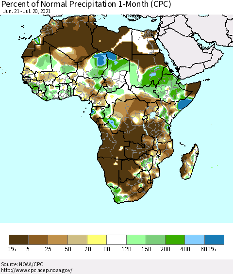Africa Percent of Normal Precipitation 1-Month (CPC) Thematic Map For 6/21/2021 - 7/20/2021