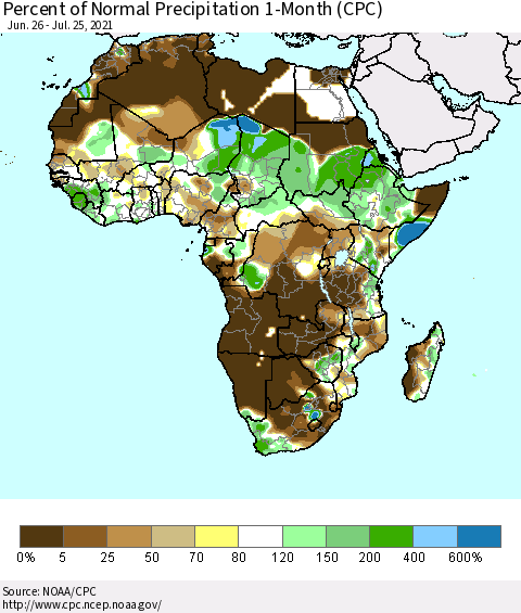 Africa Percent of Normal Precipitation 1-Month (CPC) Thematic Map For 6/26/2021 - 7/25/2021