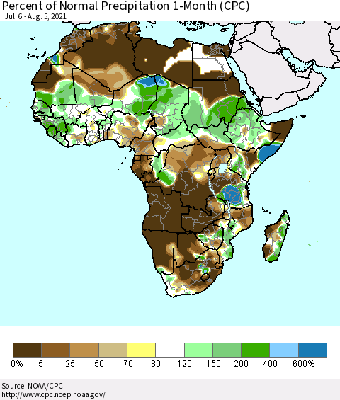 Africa Percent of Normal Precipitation 1-Month (CPC) Thematic Map For 7/6/2021 - 8/5/2021