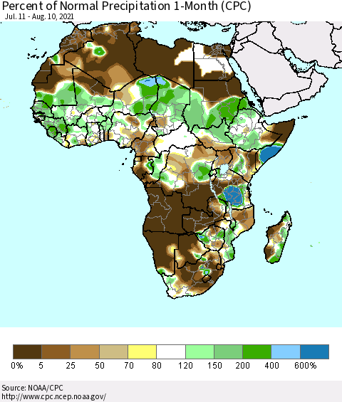 Africa Percent of Normal Precipitation 1-Month (CPC) Thematic Map For 7/11/2021 - 8/10/2021