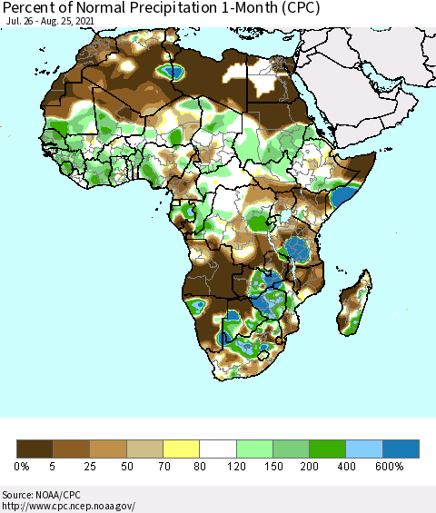 Africa Percent of Normal Precipitation 1-Month (CPC) Thematic Map For 7/26/2021 - 8/25/2021
