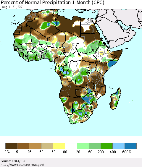 Africa Percent of Normal Precipitation 1-Month (CPC) Thematic Map For 8/1/2021 - 8/31/2021