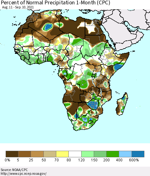 Africa Percent of Normal Precipitation 1-Month (CPC) Thematic Map For 8/11/2021 - 9/10/2021