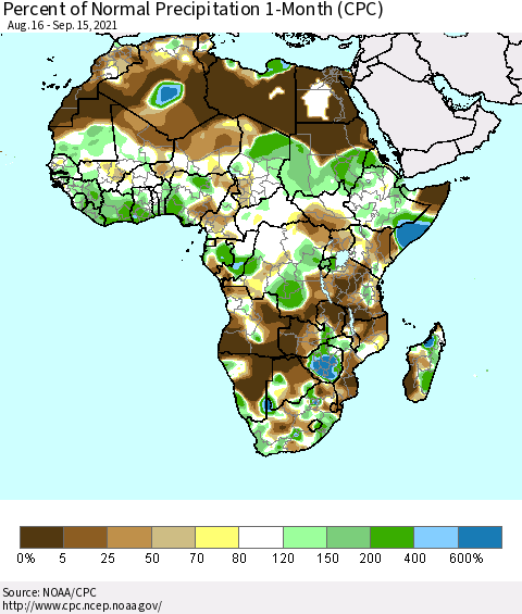 Africa Percent of Normal Precipitation 1-Month (CPC) Thematic Map For 8/16/2021 - 9/15/2021