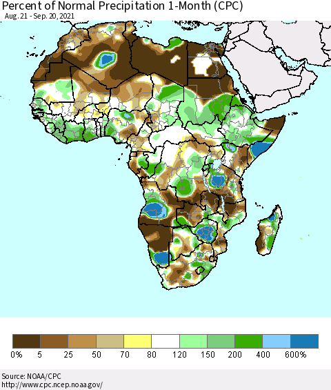 Africa Percent of Normal Precipitation 1-Month (CPC) Thematic Map For 8/21/2021 - 9/20/2021