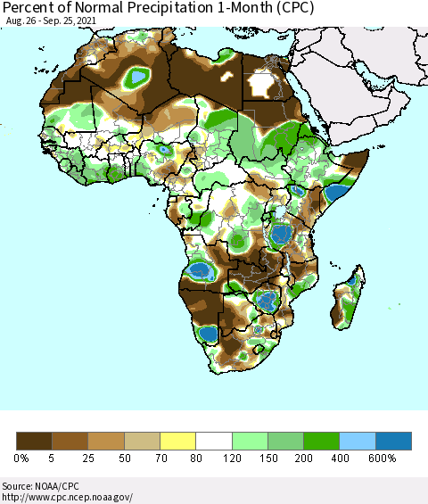 Africa Percent of Normal Precipitation 1-Month (CPC) Thematic Map For 8/26/2021 - 9/25/2021