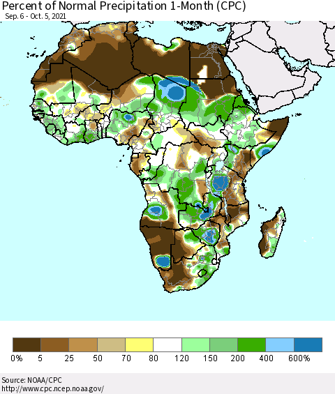 Africa Percent of Normal Precipitation 1-Month (CPC) Thematic Map For 9/6/2021 - 10/5/2021