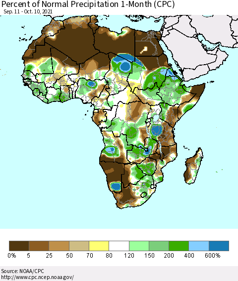 Africa Percent of Normal Precipitation 1-Month (CPC) Thematic Map For 9/11/2021 - 10/10/2021