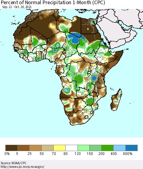 Africa Percent of Normal Precipitation 1-Month (CPC) Thematic Map For 9/21/2021 - 10/20/2021