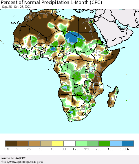 Africa Percent of Normal Precipitation 1-Month (CPC) Thematic Map For 9/26/2021 - 10/25/2021