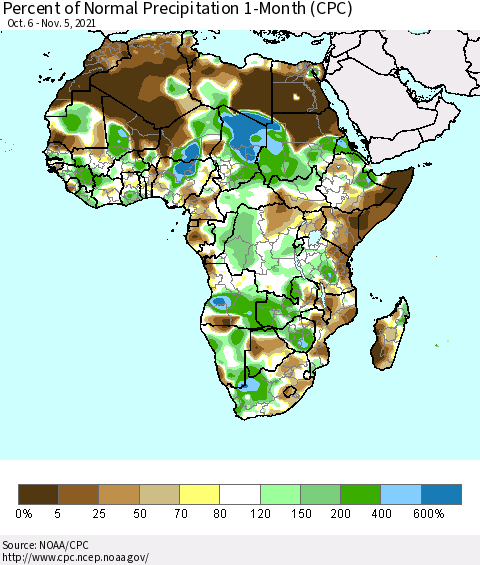 Africa Percent of Normal Precipitation 1-Month (CPC) Thematic Map For 10/6/2021 - 11/5/2021