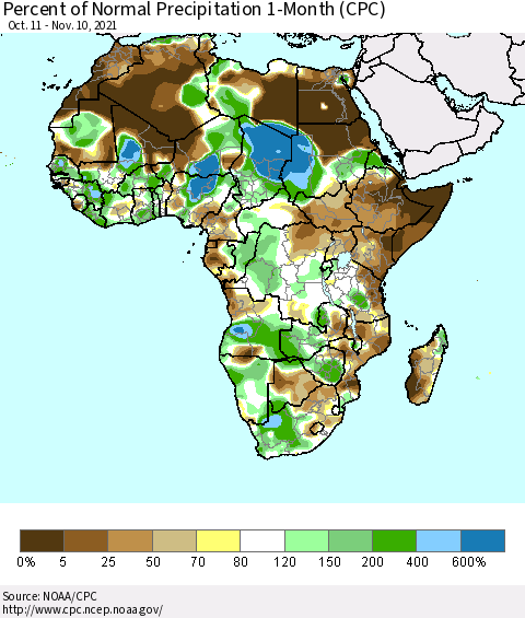 Africa Percent of Normal Precipitation 1-Month (CPC) Thematic Map For 10/11/2021 - 11/10/2021