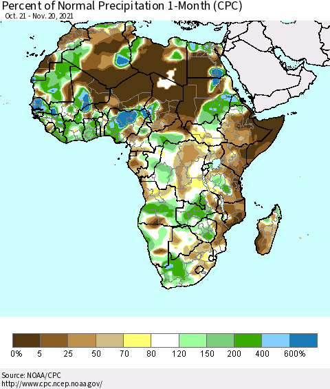 Africa Percent of Normal Precipitation 1-Month (CPC) Thematic Map For 10/21/2021 - 11/20/2021