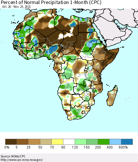 Africa Percent of Normal Precipitation 1-Month (CPC) Thematic Map For 10/26/2021 - 11/25/2021