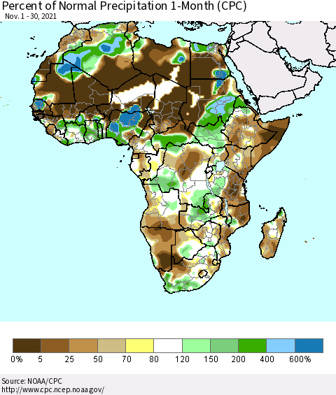 Africa Percent of Normal Precipitation 1-Month (CPC) Thematic Map For 11/1/2021 - 11/30/2021