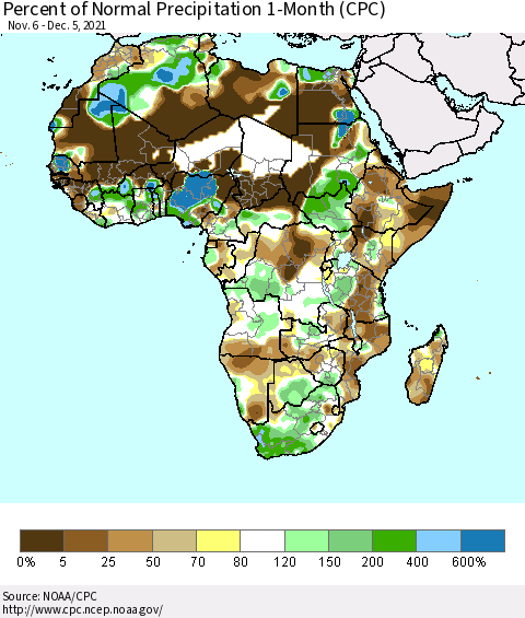 Africa Percent of Normal Precipitation 1-Month (CPC) Thematic Map For 11/6/2021 - 12/5/2021