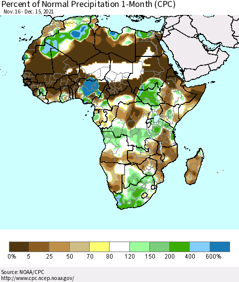 Africa Percent of Normal Precipitation 1-Month (CPC) Thematic Map For 11/16/2021 - 12/15/2021