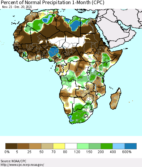 Africa Percent of Normal Precipitation 1-Month (CPC) Thematic Map For 11/21/2021 - 12/20/2021