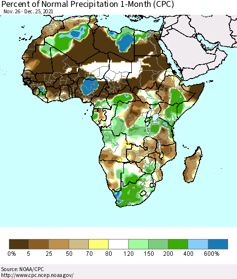 Africa Percent of Normal Precipitation 1-Month (CPC) Thematic Map For 11/26/2021 - 12/25/2021