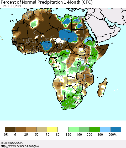 Africa Percent of Normal Precipitation 1-Month (CPC) Thematic Map For 12/1/2021 - 12/31/2021