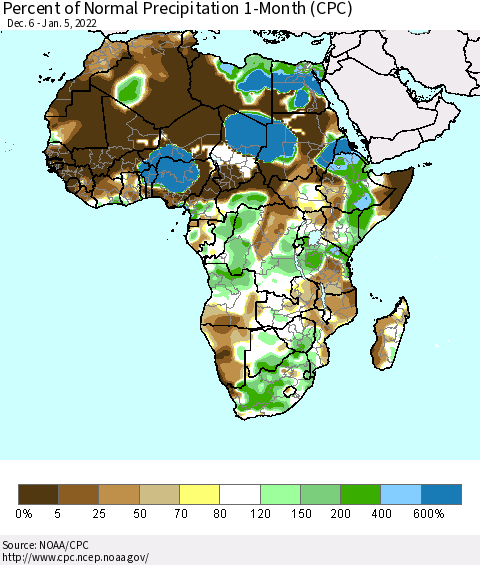 Africa Percent of Normal Precipitation 1-Month (CPC) Thematic Map For 12/6/2021 - 1/5/2022