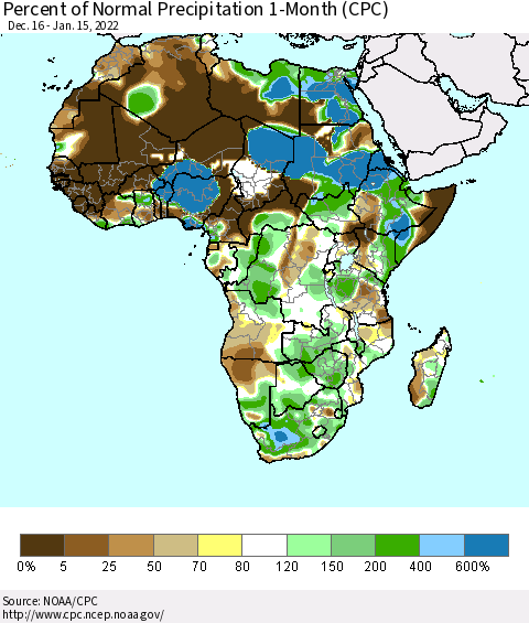 Africa Percent of Normal Precipitation 1-Month (CPC) Thematic Map For 12/16/2021 - 1/15/2022