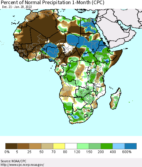 Africa Percent of Normal Precipitation 1-Month (CPC) Thematic Map For 12/21/2021 - 1/20/2022