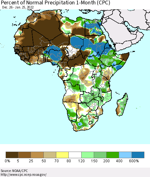 Africa Percent of Normal Precipitation 1-Month (CPC) Thematic Map For 12/26/2021 - 1/25/2022