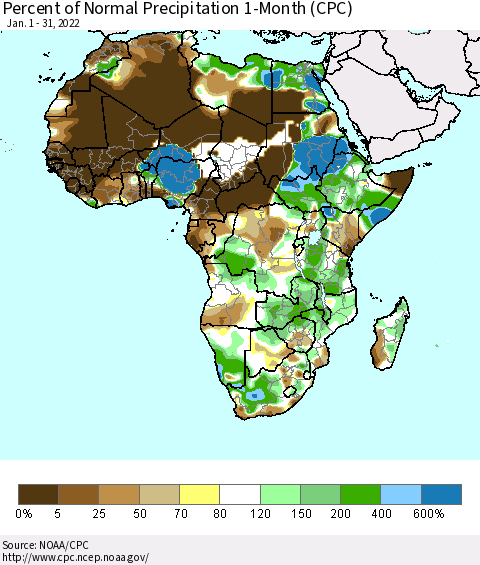 Africa Percent of Normal Precipitation 1-Month (CPC) Thematic Map For 1/1/2022 - 1/31/2022
