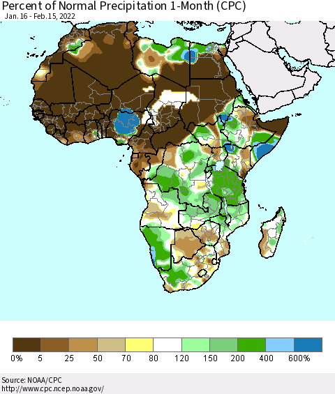 Africa Percent of Normal Precipitation 1-Month (CPC) Thematic Map For 1/16/2022 - 2/15/2022