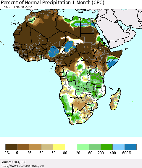 Africa Percent of Normal Precipitation 1-Month (CPC) Thematic Map For 1/21/2022 - 2/20/2022