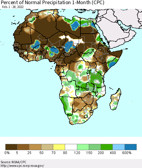 Africa Percent of Normal Precipitation 1-Month (CPC) Thematic Map For 2/1/2022 - 2/28/2022