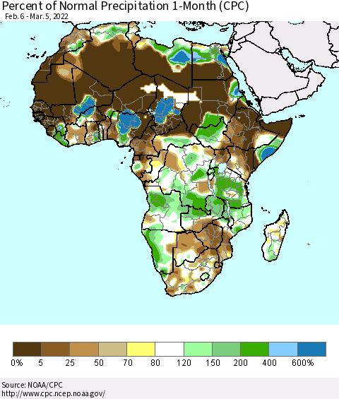 Africa Percent of Normal Precipitation 1-Month (CPC) Thematic Map For 2/6/2022 - 3/5/2022