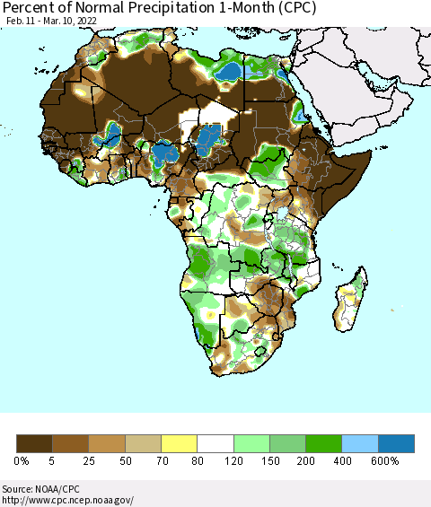 Africa Percent of Normal Precipitation 1-Month (CPC) Thematic Map For 2/11/2022 - 3/10/2022
