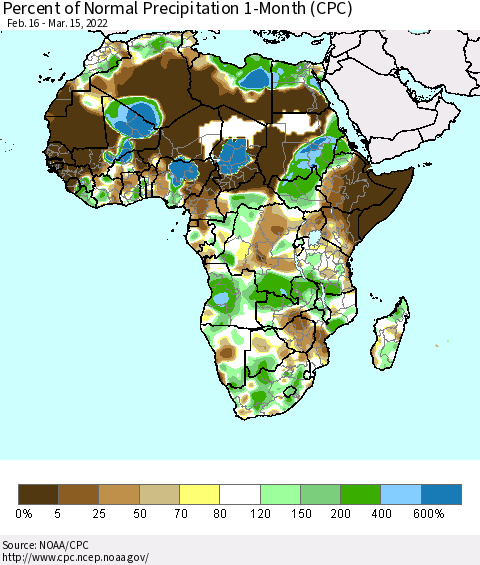 Africa Percent of Normal Precipitation 1-Month (CPC) Thematic Map For 2/16/2022 - 3/15/2022