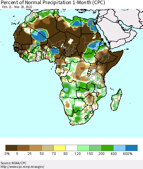Africa Percent of Normal Precipitation 1-Month (CPC) Thematic Map For 2/21/2022 - 3/20/2022
