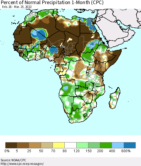 Africa Percent of Normal Precipitation 1-Month (CPC) Thematic Map For 2/26/2022 - 3/25/2022