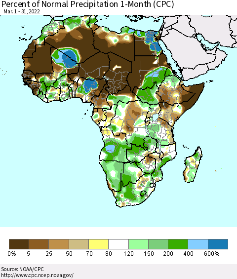Africa Percent of Normal Precipitation 1-Month (CPC) Thematic Map For 3/1/2022 - 3/31/2022