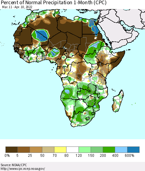 Africa Percent of Normal Precipitation 1-Month (CPC) Thematic Map For 3/11/2022 - 4/10/2022