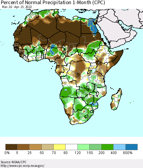 Africa Percent of Normal Precipitation 1-Month (CPC) Thematic Map For 3/16/2022 - 4/15/2022