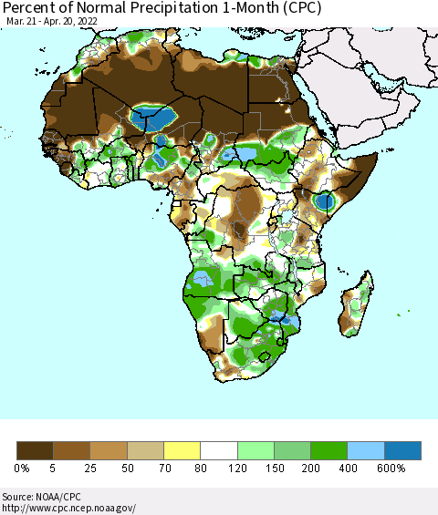 Africa Percent of Normal Precipitation 1-Month (CPC) Thematic Map For 3/21/2022 - 4/20/2022